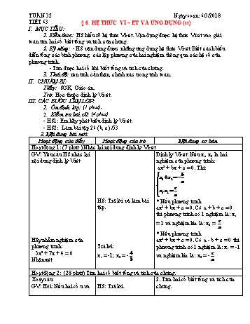 Giáo án Đại số Lớp 9 - Tuần 32 - Năm học 2017-2018 - Trường THCS Ngô Quang Nhã