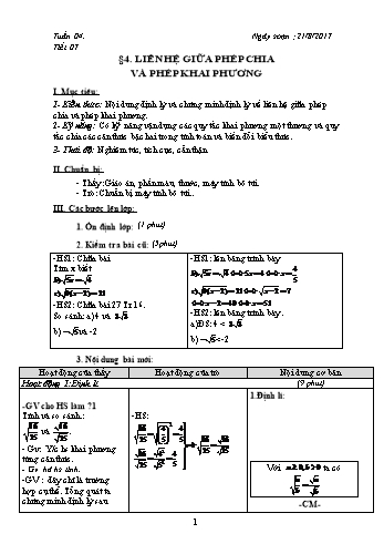 Giáo án Đại số Lớp 9 - Tuần 4 - Năm học 2017-2018 - Trường THCS Ngô Quang Nhã