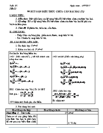 Giáo án Đại số Lớp 9 - Tuần 7 - Năm học 2017-2018 - Trường THCS Ngô Quang Nhã