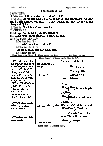 Giáo án Hình học Lớp 7 - Tuần 7 - Năm học 2017-2018 - Trường THCS Ngô Quang Nhã