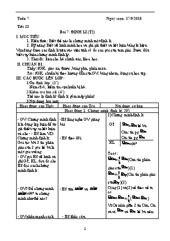 Giáo án Hình học Lớp 7 - Tuần 7 - Năm học 2018-2019 - Trường THCS Ngô Quang Nhã