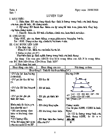 Giáo án Hình học Lớp 8 - Tuần 4 - Năm học 2018-2019 - Trường THCS Ngô Quang Nhã