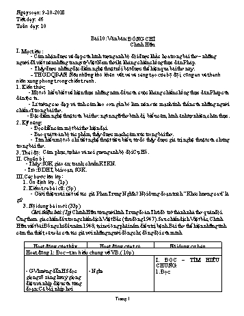 Giáo án Ngữ văn Khối 9 - Tuần 10 - Năm học 2018-2019 - Trường THCS Ngô Quang Nhã