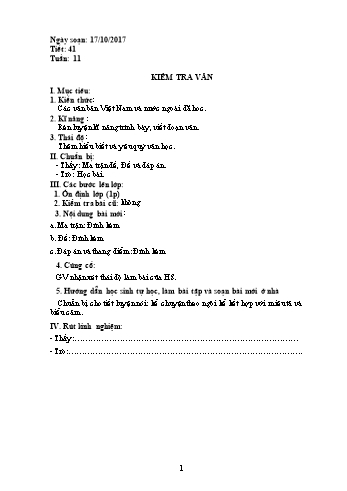 Giáo án Ngữ văn Lớp 8 - Tuần 11 - Năm học 2017-2018 - Trường THCS Ngô Quang Nhã