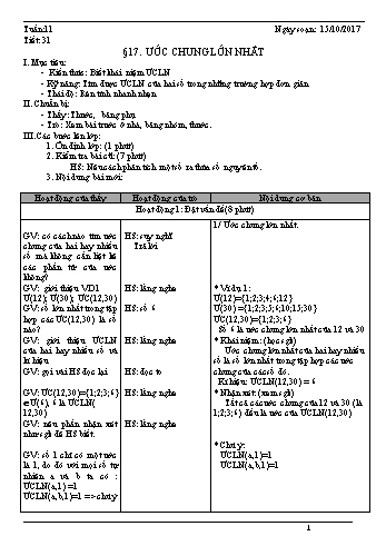Giáo án Toán Lớp 6 - Tuần 11 - Năm học 2017-2018 - Trường THCS Ngô Quang Nhã