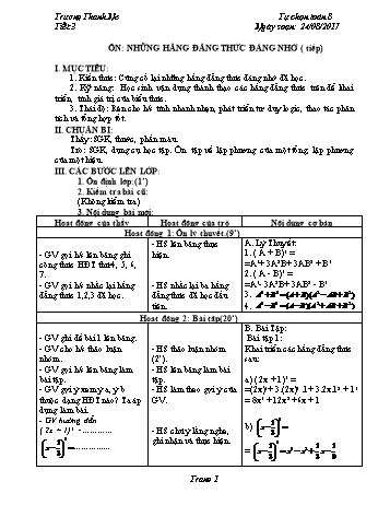 Giáo án Tự chọn Toán 8 - Tiết 3: Ôn những hằng đẳng thức đáng nhớ (Tiếp) - Năm học 2017-2018 - Trương Thanh Ne