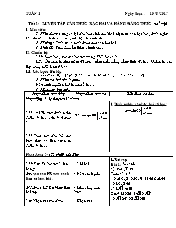 Giáo án Tự chọn Toán 9 - Tiết 1: Luyện tập căn thức bậc hai và hằng đẳng thức - Năm học 2017-2018 - Trường THCS Ngô Quang Nhã