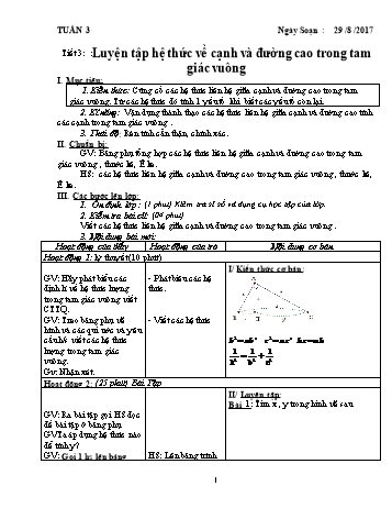 Giáo án Tự chọn Toán 9 - Tiết 3: Luyện tập hệ thức về cạnh và đường cao trong tam giác vuông - Năm học 2017-2018 - Trường THCS Ngô Quang Nhã