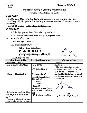 Giáo án Tự chọn Toán Khối 9 - Tuần 10 - Năm học 2017-2018 - Trường THCS Ngô Quang Nhã