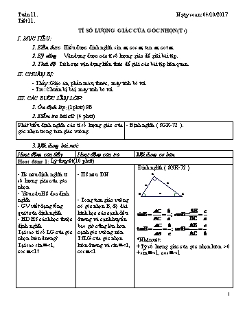 Giáo án Tự chọn Toán Khối 9 - Tuần 11 - Năm học 2017-2018 - Trường THCS Ngô Quang Nhã