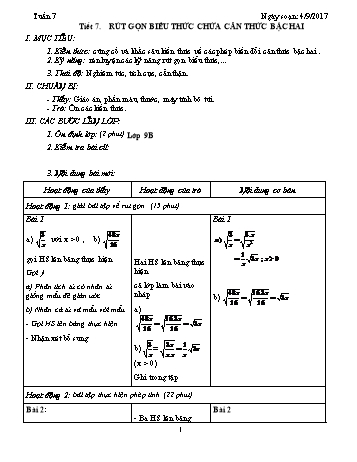 Giáo án Tự chọn Toán Khối 9 - Tuần 7 - Năm học 2017-2018 - Trường THCS Ngô Quang Nhã