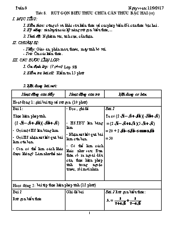 Giáo án Tự chọn Toán Khối 9 - Tuần 8 - Năm học 2017-2018 - Trường THCS Ngô Quang Nhã