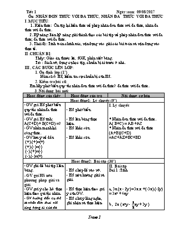 Giáo án Tự chọn Toán Lớp 8 - Tiết 1: Ôn nhân đơn thức với đa thức, nhân đa thức với đa thức - Năm học 2017-2018 - Trường THCS Ngô Quang Nhã