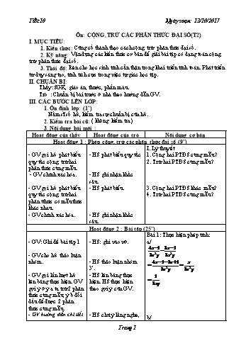 Giáo án Tự chọn Toán Lớp 8 - Tiết 10: Ôn cộng, trừ các phân thức đại số (Tiết 2) - Năm học 2017-2018 - Trường THCS Ngô Quang Nhã