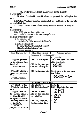 Giáo án Tự chọn Toán Lớp 8 - Tiết 11: Ôn phép nhân, chia các phân thức đại số - Năm học 2017-2018 - Trường THCS Ngô Quang Nhã