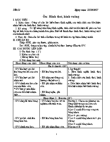 Giáo án Tự chọn Toán Lớp 8 - Tiết 12: Ôn hình thoi, hình vuông - Năm học 2017-2018 - Trường THCS Ngô Quang Nhã