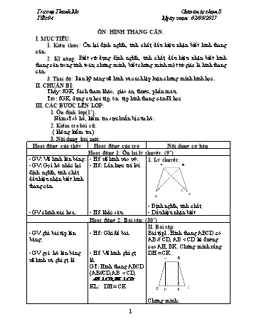 Giáo án Tự chọn Toán Lớp 8 - Tiết 4: Ôn hình thang cân - Năm học 2017-2018 - Trương Thanh Ne