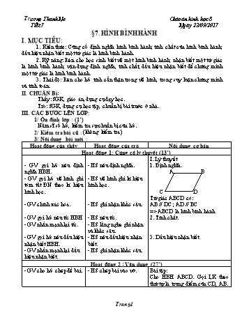 Giáo án Tự chọn Toán Lớp 8 - Tiết 7: Hình bình hành - Năm học 2017-2018 - Trương Thanh Ne
