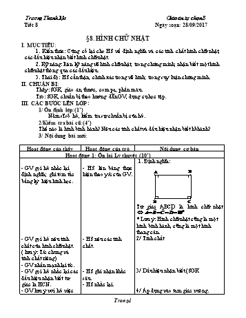 Giáo án Tự chọn Toán Lớp 8 - Tiết 8: Hình chữ nhật - Năm học 2017-2018 - Trương Thanh Ne