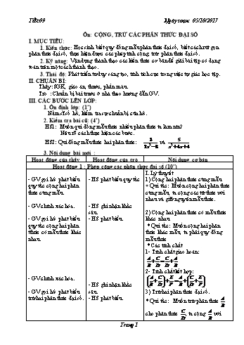 Giáo án Tự chọn Toán Lớp 8 - Tiết 9: Ôn cộng, trừ các phân thức đại số - Năm học 2017-2018 - Trường THCS Ngô Quang Nhã