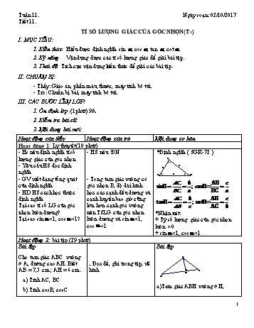 Giáo án Tự chọn Toán Lớp 9 - Tuần 11 - Năm học 2017-2018 - Trường THCS Ngô Quang Nhã