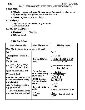 Giáo án Tự chọn Toán Lớp 9 - Tuần 7 - Năm học 2017-2018 - Trường THCS Ngô Quang Nhã